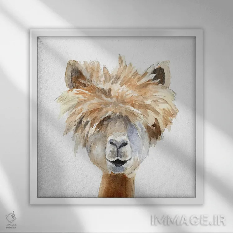 تابلو دکوراتیو لاما با چتری اثر لینی لورث - نمای قابدار سفید