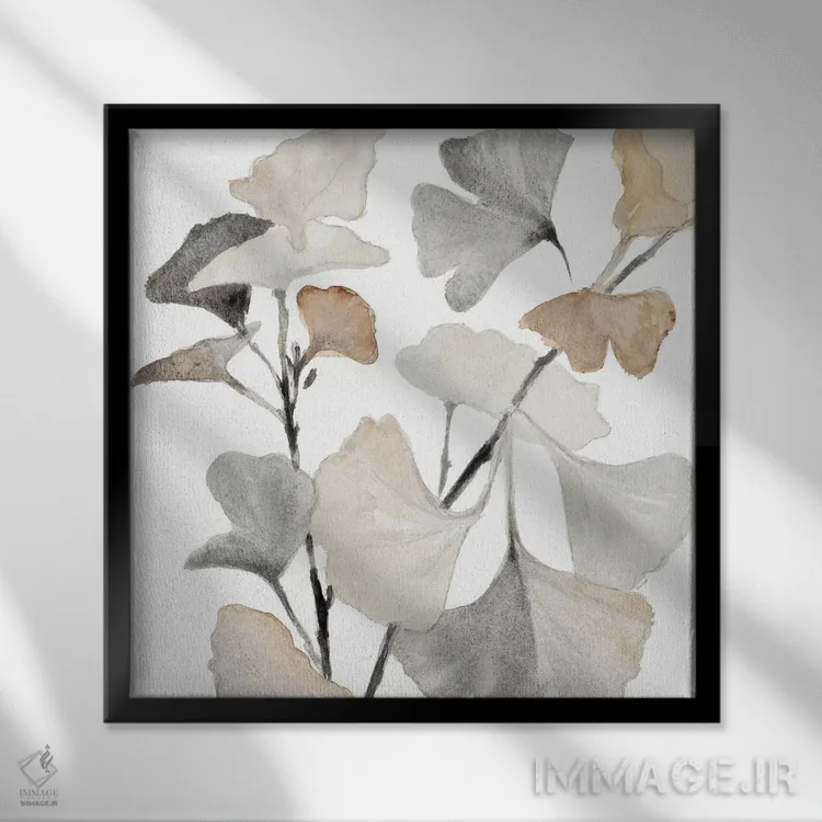 تابلو دکوراتیو "ساقه های جینکو خنثی I" اثر لینی لورث - نمای قابدار مشکی