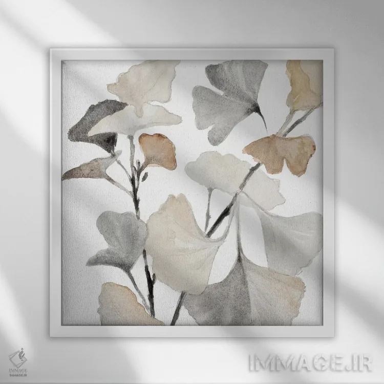 تابلو دکوراتیو "ساقه های جینکو خنثی I" اثر لینی لورث - نمای قابدار سفید