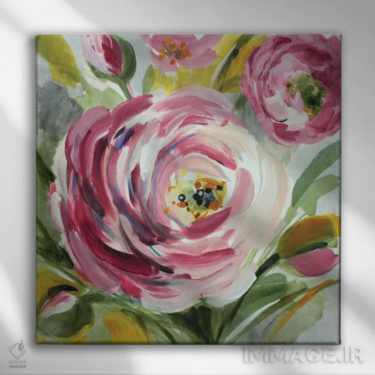 تابلو دکوراتیو "رانوکولوس رز I" اثر لینی لورث - نمای روبهرو روی دیوار