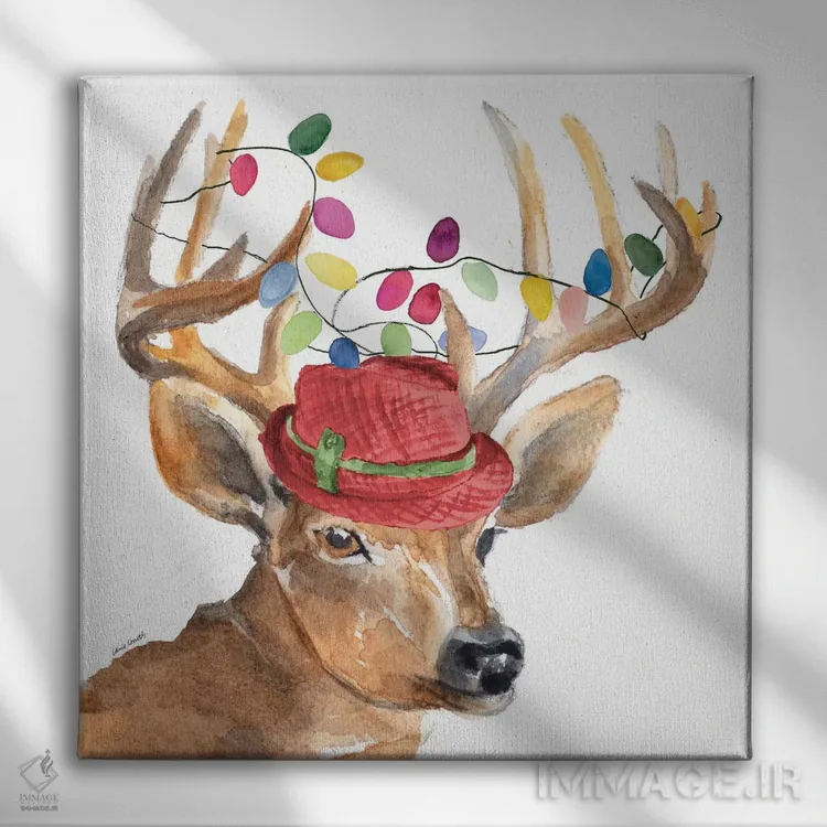 تابلو دکوراتیو "کلاه گوزن کریسمس با چراغ" اثر لینی لورث - نمای روبهرو روی دیوار