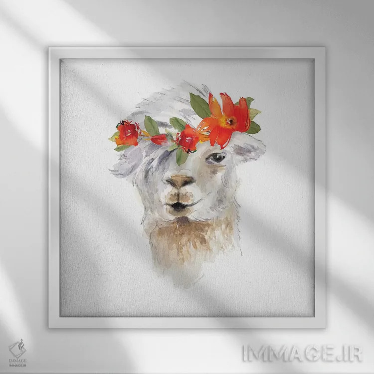 تابلو دکوراتیو "لامای گلدار II" اثر لینی لورث - نمای قابدار سفید