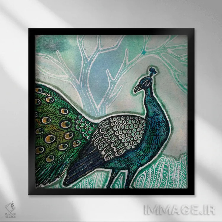 تابلو دکوراتیو طاووس پیاده رو اثر لینت شلی - نمای قابدار مشکی