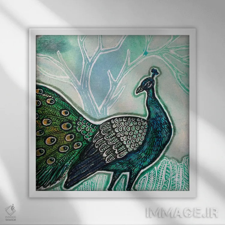تابلو دکوراتیو طاووس پیاده رو اثر لینت شلی - نمای قابدار سفید