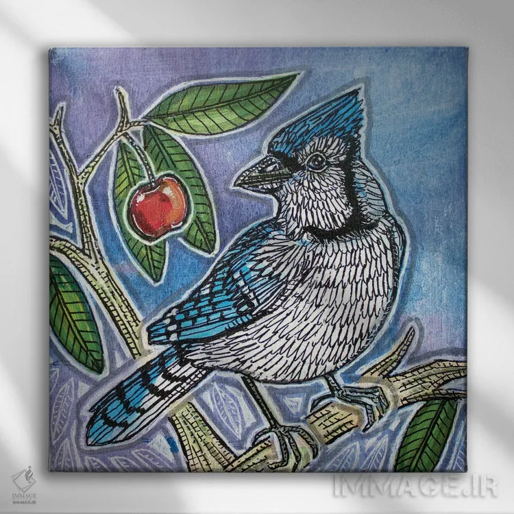 تابلو دکوراتیو گیلاس شیرین آبی اثر لینت شلی - نمای روبهرو روی دیوار