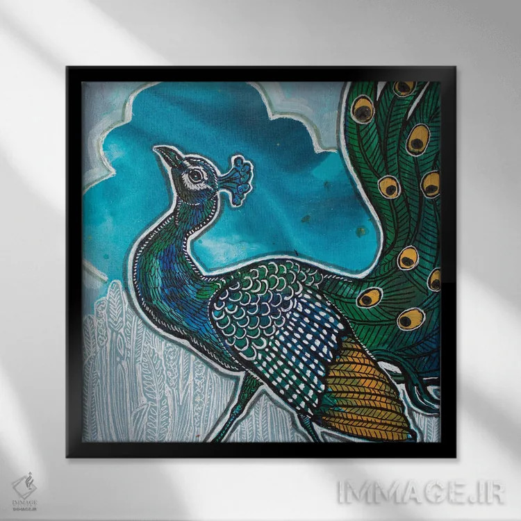 تابلو دکوراتیو طاووس خودنمایی کننده اثر لینت شلی - نمای قابدار مشکی