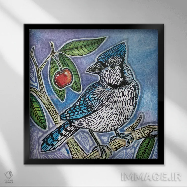 تابلو دکوراتیو گیلاس شیرین آبی اثر لینت شلی - نمای قابدار مشکی