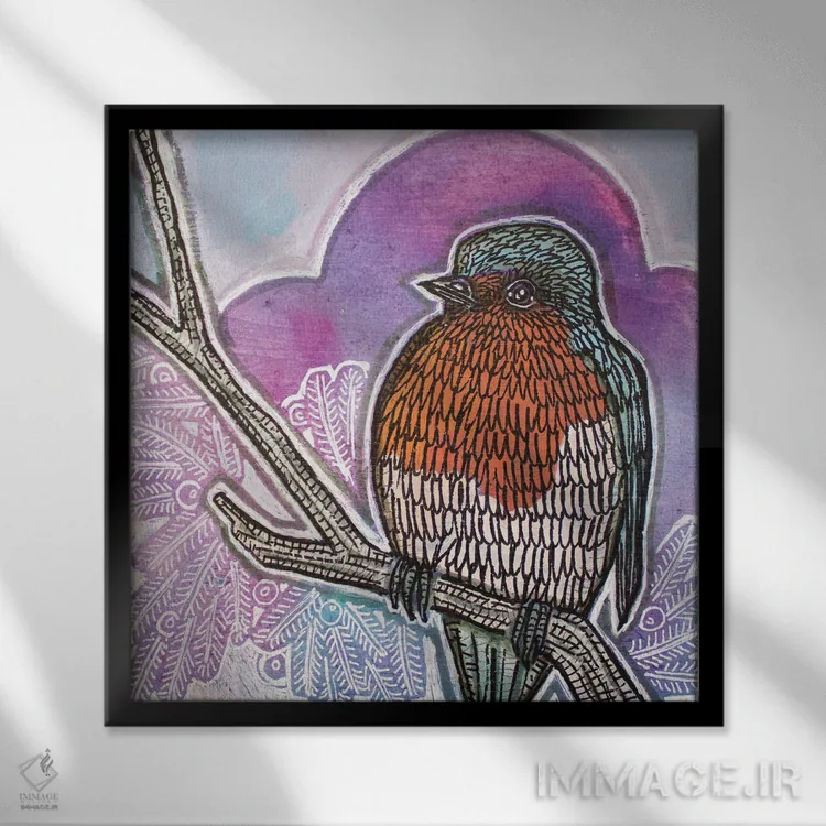 تابلو دکوراتیو سینه سرخ زمستانی اثر لینت شلی - نمای قابدار مشکی