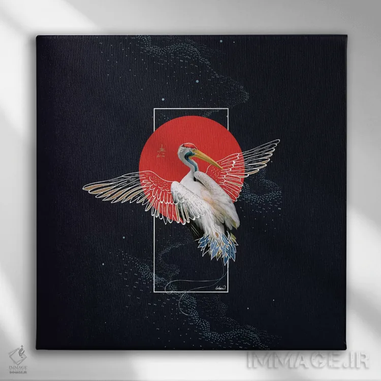 تابلو دکوراتیو درنای روی کیمونوی ژاپنی اثر لاستاناو - نمای روبهرو روی دیوار