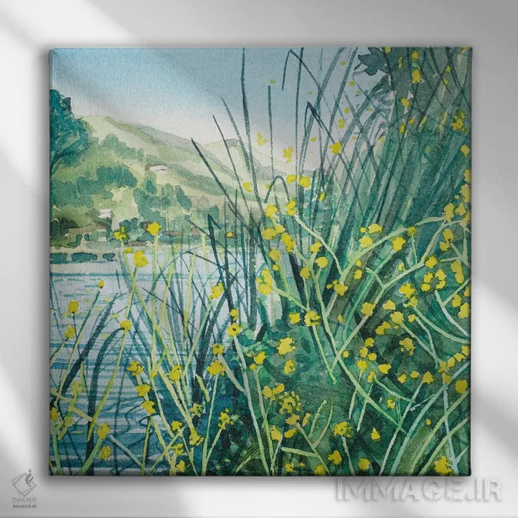 تابلو دکوراتیو رنگ های بهاری در کنار دریاچه اثر لویزا میلیسنت - نمای روبهرو روی دیوار