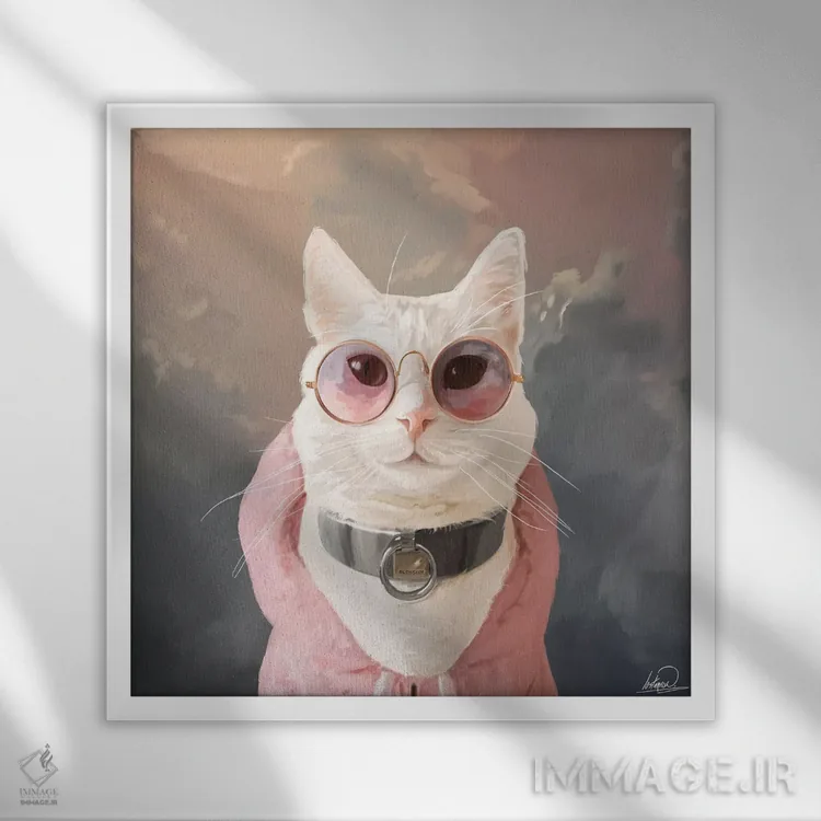 تابلو دکوراتیو پرتره گربه مد روز اثر لاستاناو - نمای قابدار سفید