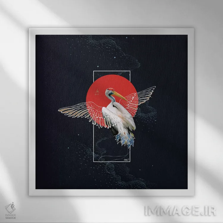 تابلو دکوراتیو درنای روی کیمونوی ژاپنی اثر لاستاناو - نمای قابدار سفید