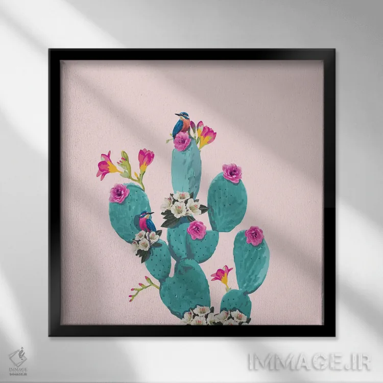 تابلو دکوراتیو کاکتوس و مرغ های مگس خوار اثر لاستاناو - نمای قابدار مشکی