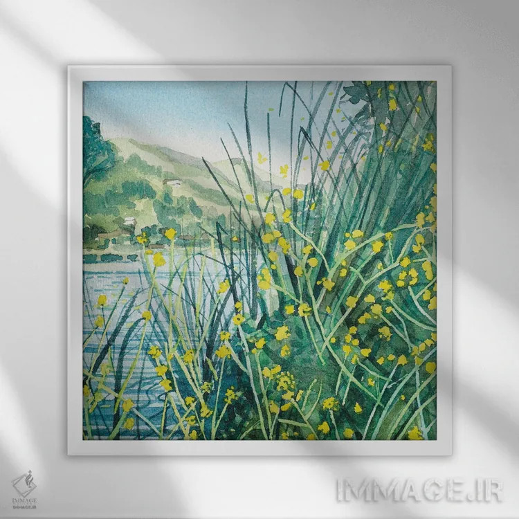 تابلو دکوراتیو رنگ های بهاری در کنار دریاچه اثر لویزا میلیسنت - نمای قابدار سفید