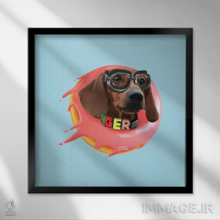 تابلو دکوراتیو داشهوند و دونات اثر لاستاناو - نمای قابدار مشکی