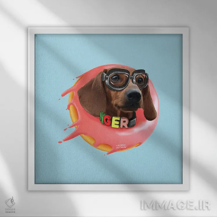 تابلو دکوراتیو داشهوند و دونات اثر لاستاناو - نمای قابدار سفید