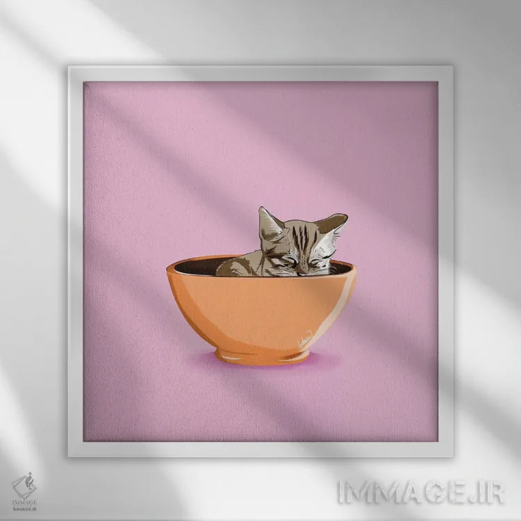 تابلو دکوراتیو لیوان قهوه گربه ای اثر لاستاناو - نمای قابدار سفید