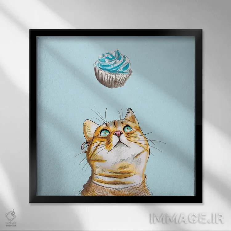 تابلو دکوراتیو کیک دوست دار گربه اثر لاستاناو - نمای قابدار مشکی
