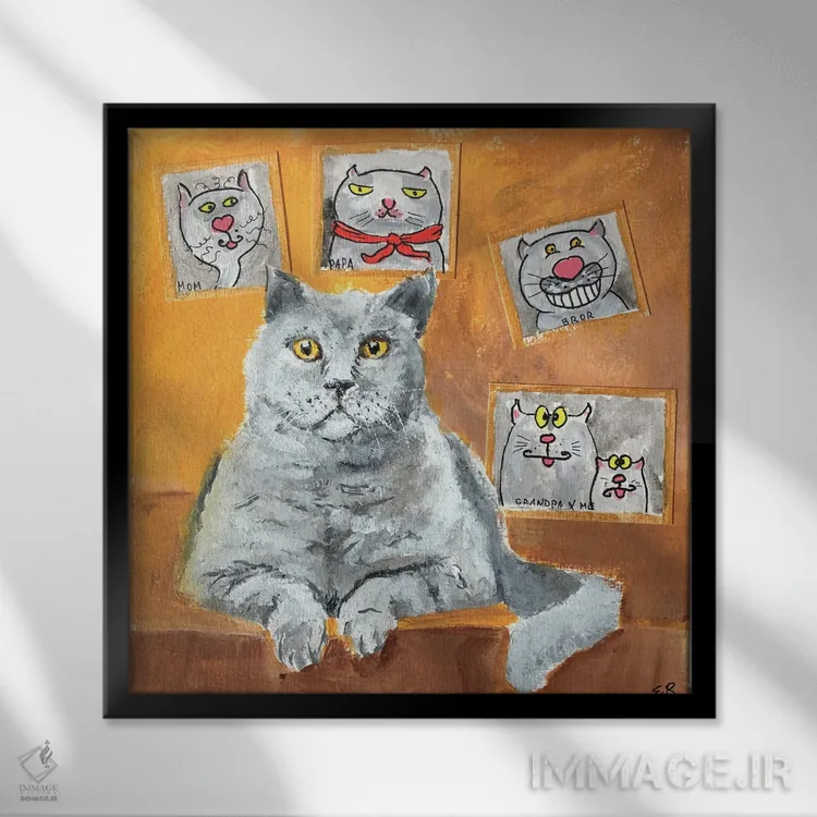 تابلو دکوراتیو شیر به همراه پرتره های خانوادگی اثر لنا اسمیرنوا - نمای قابدار مشکی