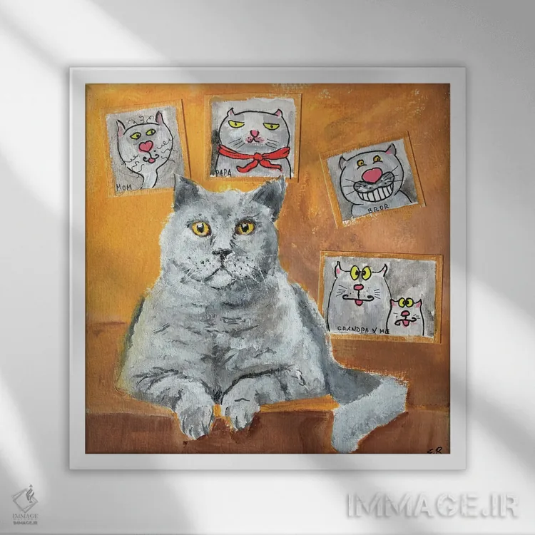 تابلو دکوراتیو شیر به همراه پرتره های خانوادگی اثر لنا اسمیرنوا - نمای قابدار سفید