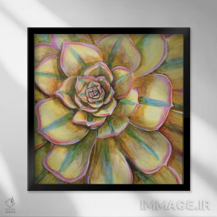 تابلو دکوراتیو ساکولنت خط دار زرد اثر لینه آ توبیاس - نمای قابدار مشکی