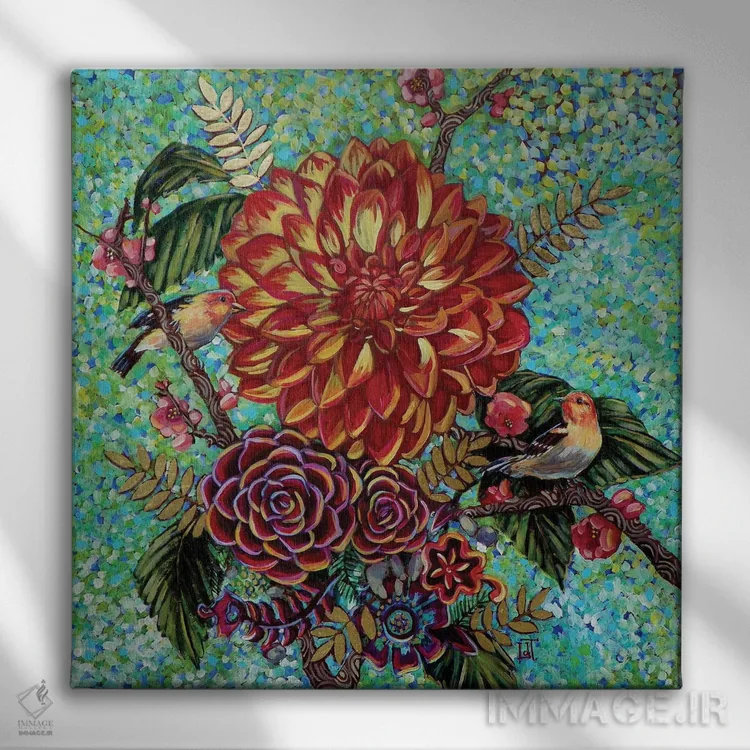 تابلو دکوراتیو تنجیر غربی با گل های داهلیا اثر لینه آ توبیاس - نمای روبهرو روی دیوار