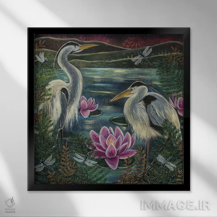 تابلو دکوراتیو برکه نیلوفر آبی اثر لینه آ توبیاس - نمای قابدار مشکی