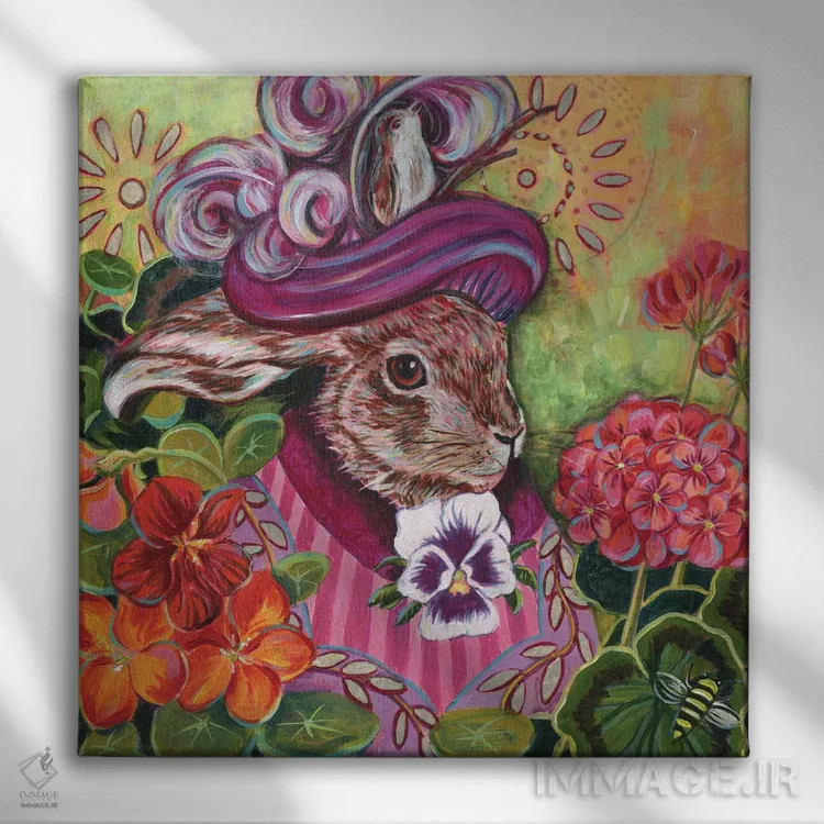 تابلو دکوراتیو خرگوش در باغ روستایی اثر لینه آ توبیاس - نمای روبهرو روی دیوار