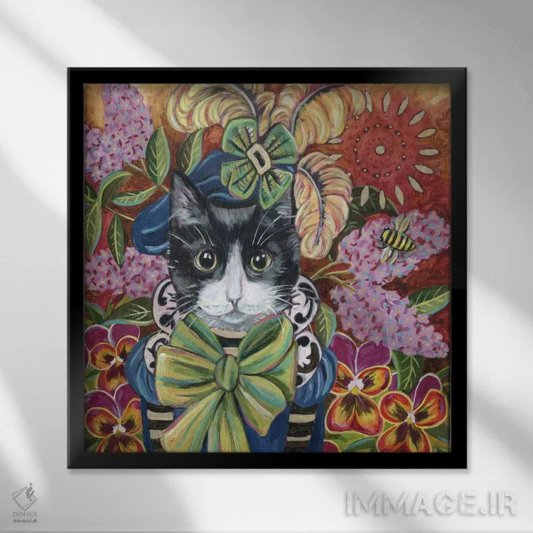 تابلو دکوراتیو گربه کوچک از شهر یاس بنفش اثر لینه آ توبیاس - نمای قابدار مشکی