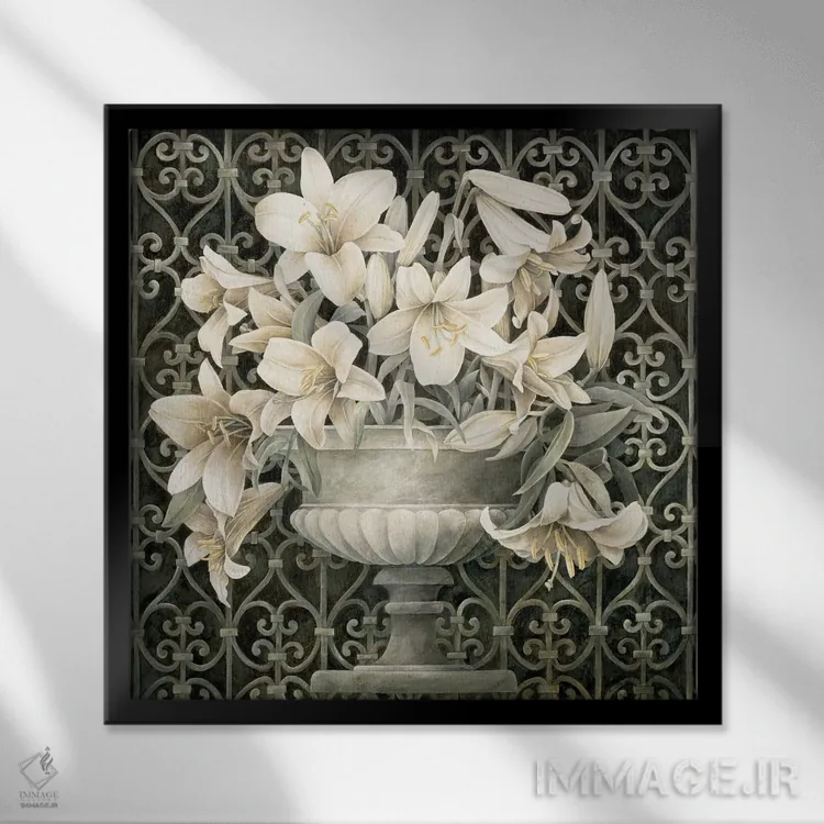 تابلو دکوراتیو سوسن ها در گلدان اثر لیندا تامپسون - نمای قابدار مشکی