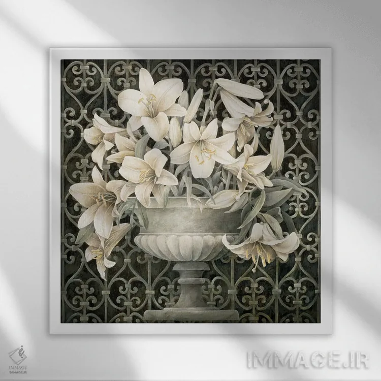 تابلو دکوراتیو سوسن ها در گلدان اثر لیندا تامپسون - نمای قابدار سفید