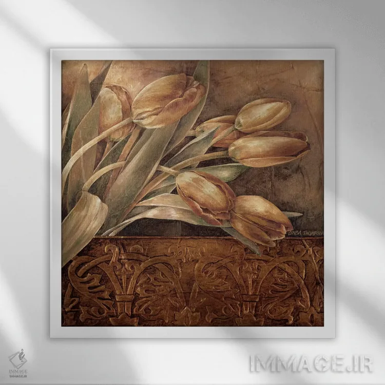 تابلو دکوراتیو لاله های مسی II اثر لیندا تامپسون - نمای قابدار سفید