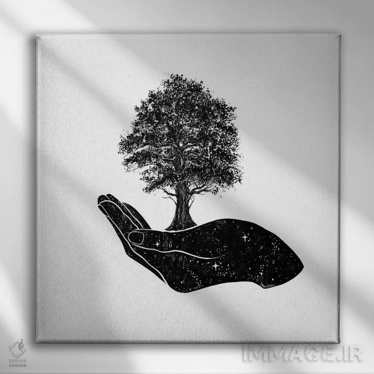 تابلو دکوراتیو درخت در دست اثر کاری سلون - نمای روبهرو روی دیوار