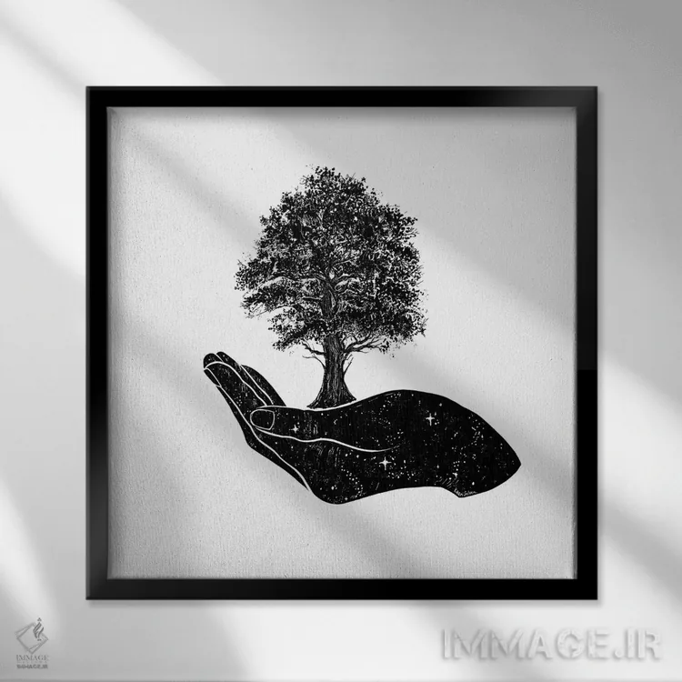 تابلو دکوراتیو درخت در دست اثر کاری سلون - نمای قابدار مشکی