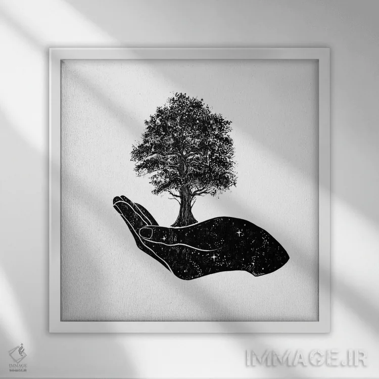 تابلو دکوراتیو درخت در دست اثر کاری سلون - نمای قابدار سفید