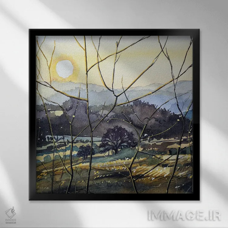 تابلو دکوراتیو غروب مزرعه کینگ ژیلت اثر لویزا میلیسنت - نمای قابدار مشکی