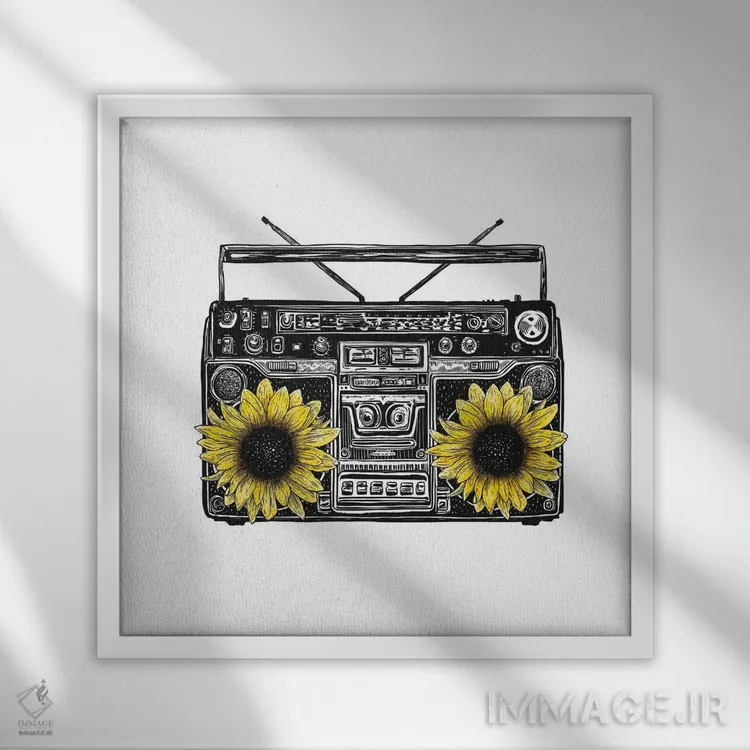 تابلو دکوراتیو استریوی آفتابگردانی اثر کاری سلون - نمای قابدار سفید