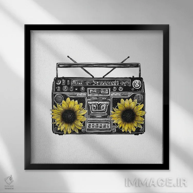 تابلو دکوراتیو استریوی آفتابگردانی اثر کاری سلون - نمای قابدار مشکی