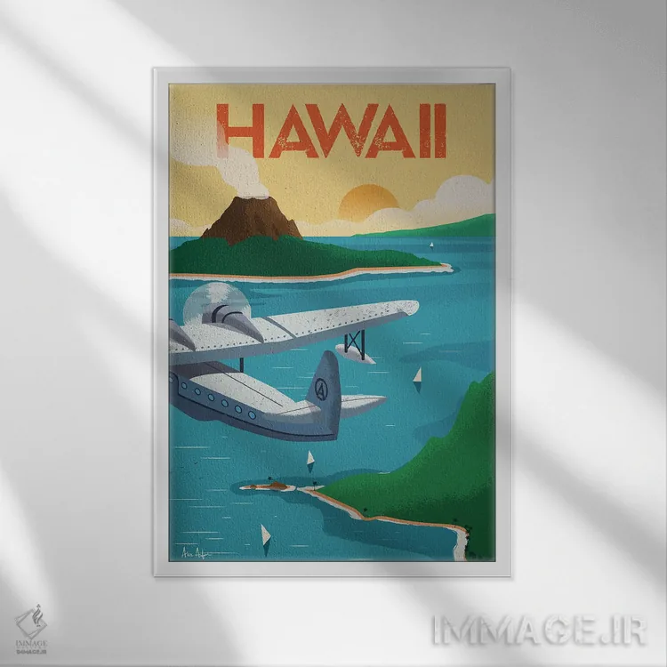 تابلو دکوراتیو پوستر هاوایی اثر ایدیااستورم استودیوز - نمای قابدار سفید