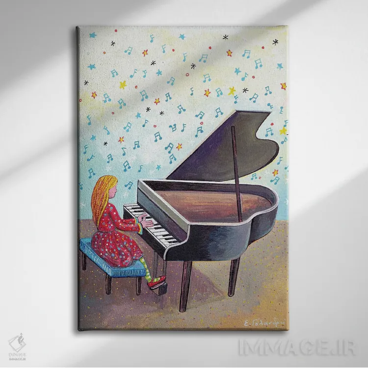 تابلو دکوراتیو دختر نوازنده پیانو اثر ایرنه گولاندریس - نمای روبهرو روی دیوار