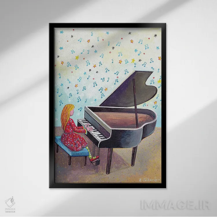 تابلو دکوراتیو دختر نوازنده پیانو اثر ایرنه گولاندریس - نمای قابدار مشکی