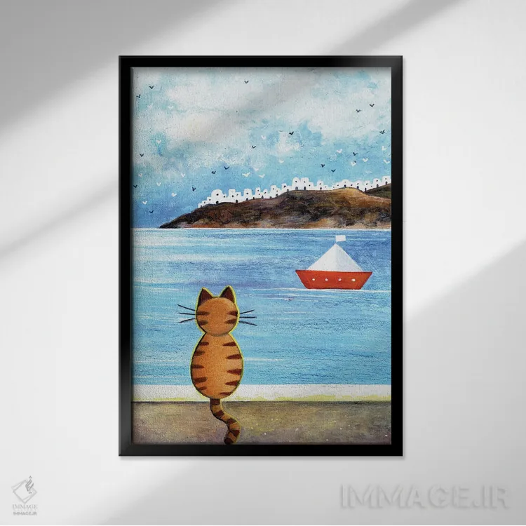 تابلو دکوراتیو گربه خیره به دریا اثر ایرنه گولاندریس - نمای قابدار مشکی