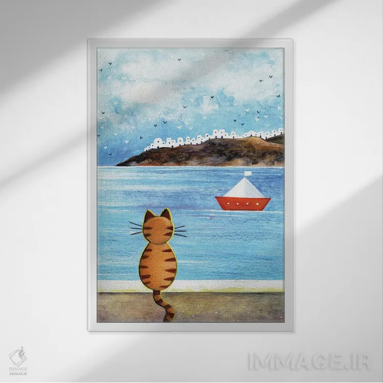 تابلو دکوراتیو گربه خیره به دریا اثر ایرنه گولاندریس - نمای قابدار سفید