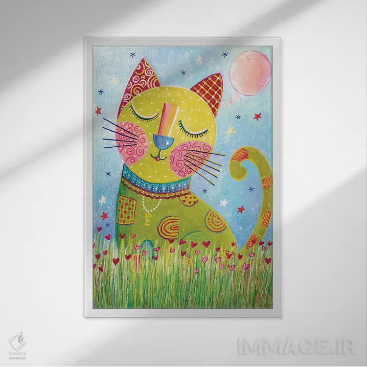 تابلو دکوراتیو گربه خیال پرداز اثر ایرنه گولاندریس - نمای قابدار سفید
