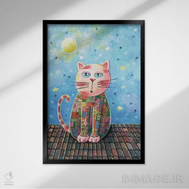 تابلو دکوراتیو گربه روی پشت بام اثر ایرنه گولاندریس - نمای قابدار مشکی