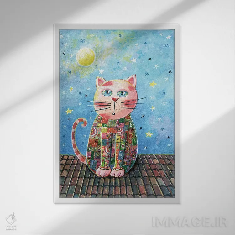 تابلو دکوراتیو گربه روی پشت بام اثر ایرنه گولاندریس - نمای قابدار سفید