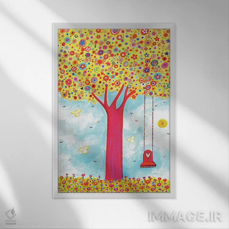تابلو دکوراتیو درخت رنگارنگ با تاب اثر ایرنه گولاندریس - نمای قابدار سفید