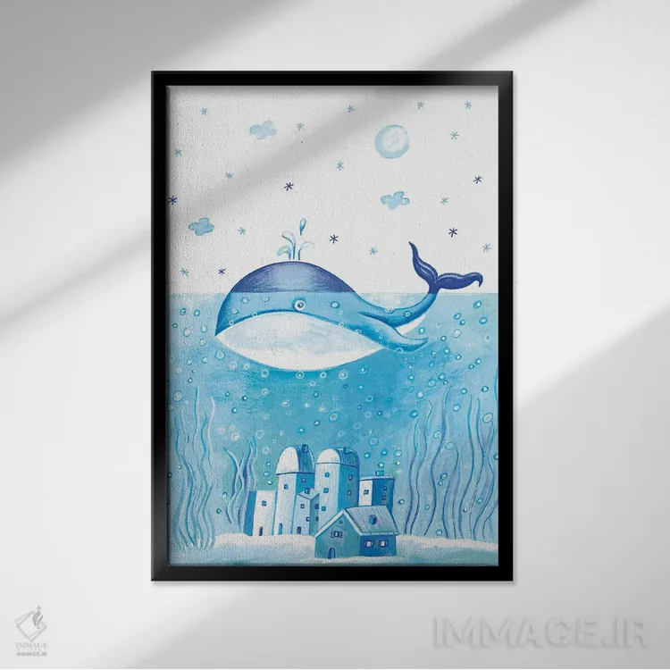 تابلو دکوراتیو نهنگ آبی اثر ایرنه گولاندریس - نمای قابدار مشکی