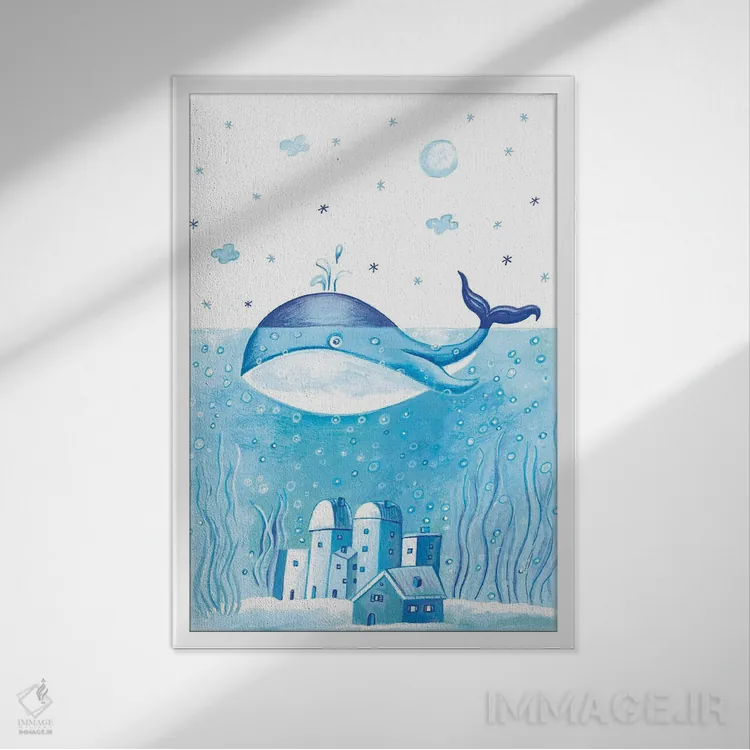 تابلو دکوراتیو نهنگ آبی اثر ایرنه گولاندریس - نمای قابدار سفید