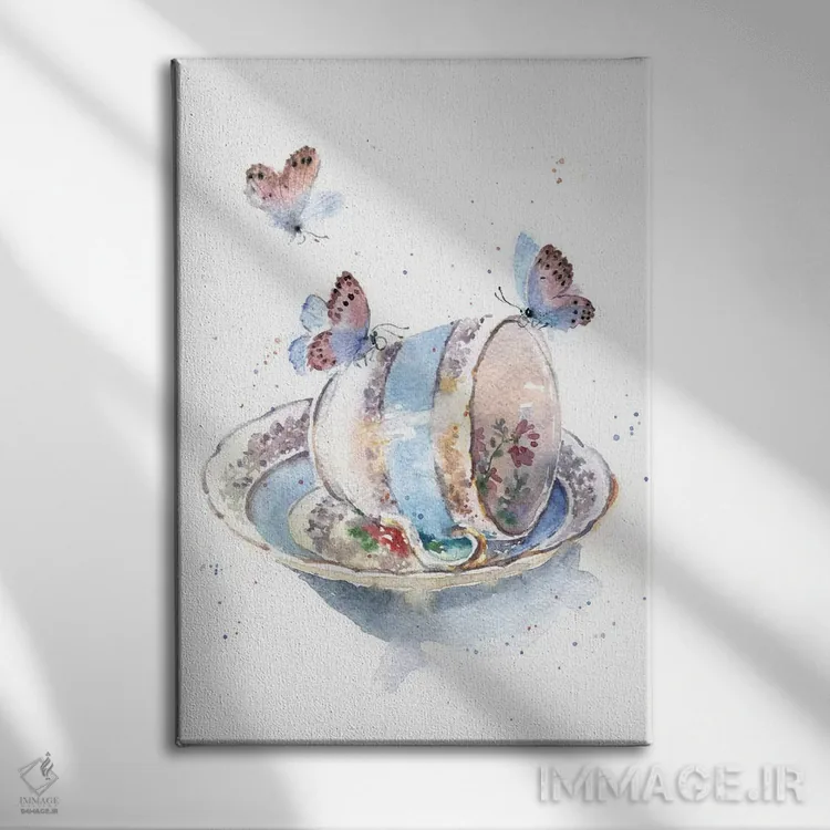 تابلو دکوراتیو فنجان با پروانه ها اثر مارینا ایگناتووا - نمای روبهرو روی دیوار